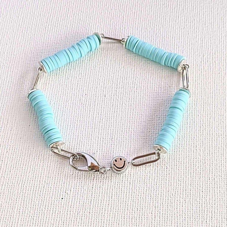 Aqua Blue Smiley Stainless Steel Paperclip Chain Bracelet - - LadybugfeetDesigns -