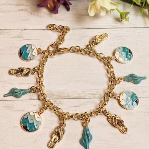 Enamel Seashell, Wave, Flip flop Charm Bracelet - - LadybugfeetDesigns -