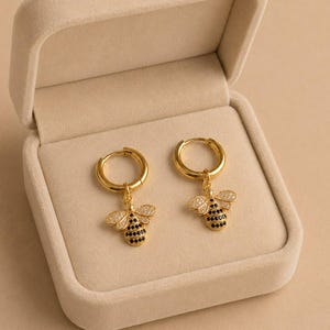 CZ Honeybee Hoop earrings, Gold -12mm - - LadybugfeetDesigns -