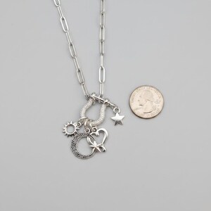 Celestial Crescent Moon and Heart Shackle Clasp Carabiner Necklace, Silver - Adjusts up to 20 inches - - LadybugfeetDesigns -