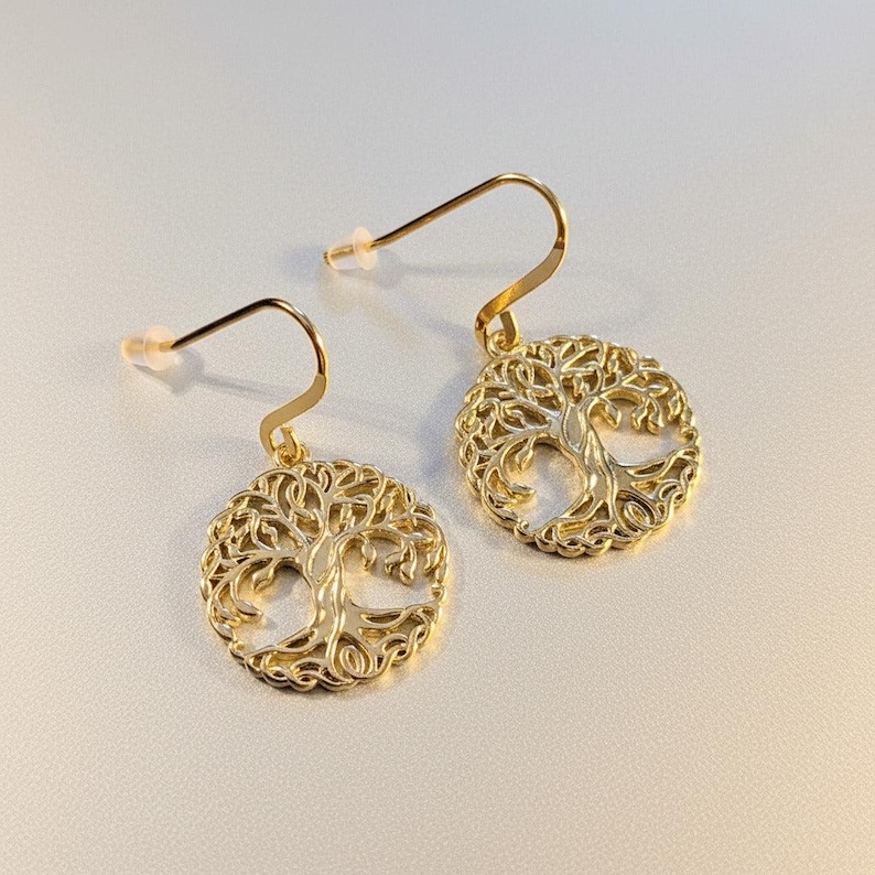 Tree of Life dangle earrings, gold plated - - LadybugfeetDesigns -