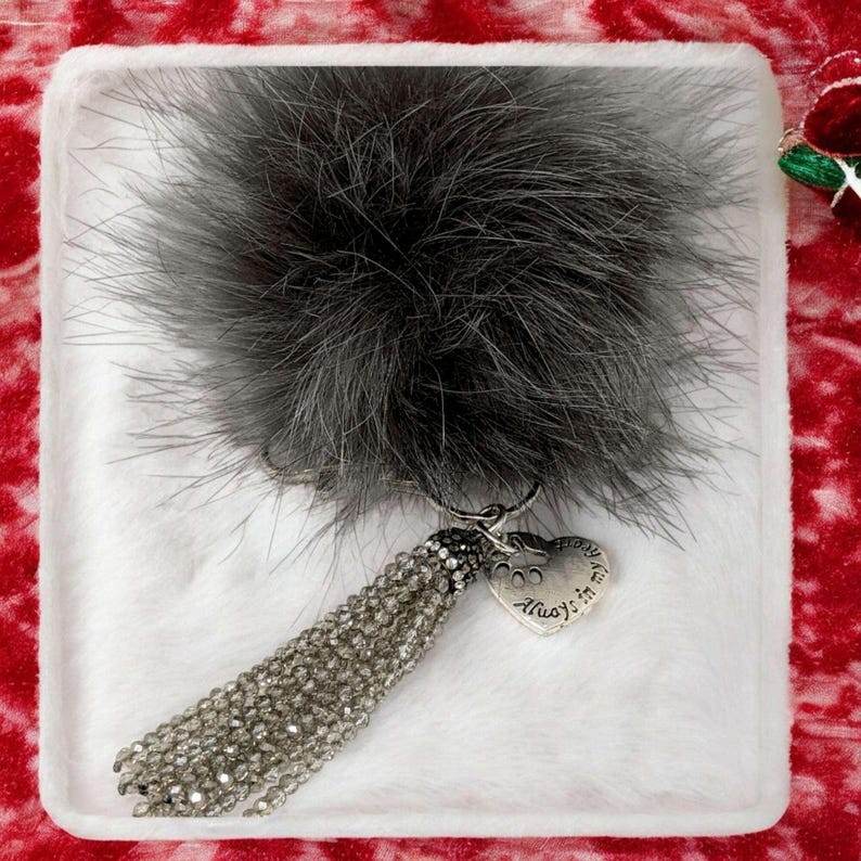 Always in My Heart Keychain/ Faux Fur Pom Pom and charm Key Chain-Purse Charm/Journal Charm - - LadybugfeetDesigns -