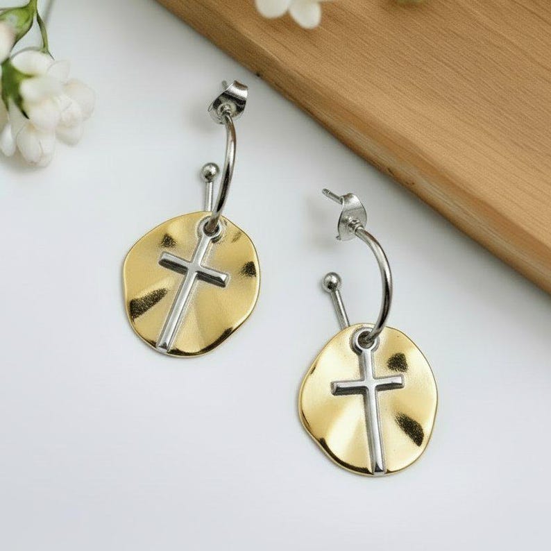 Cross Two-Tone Hoop Earrings, Silver - 16mm - - LadybugfeetDesigns -