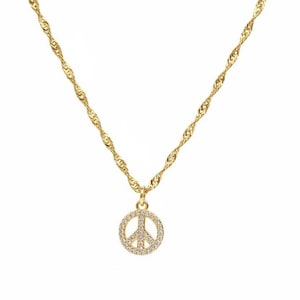 Sparkly Peace Sign necklace, Gold- 20 inch - - LadybugfeetDesigns -