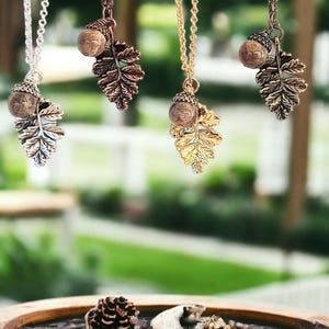 Acorn Oak Leaf Necklace, Silver - - LadybugfeetDesigns -