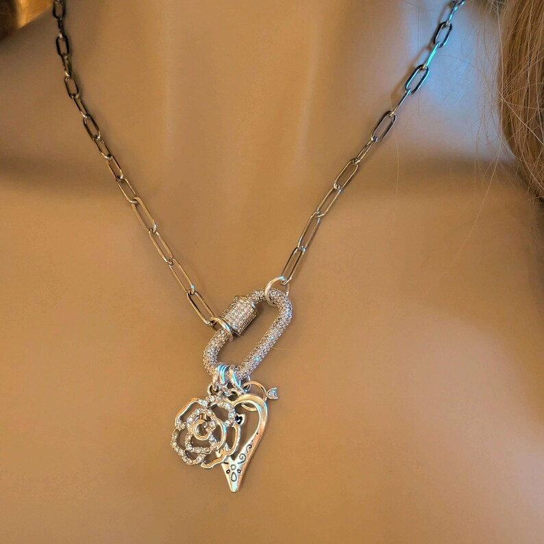 Romantic Rose, Heart, Diamond Ring Carabiner Necklace, Silver - 20 inch - - LadybugfeetDesigns -
