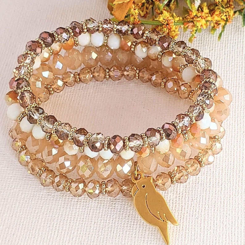 Parrot Champagne Stretch Bracelet Stack - - LadybugfeetDesigns -
