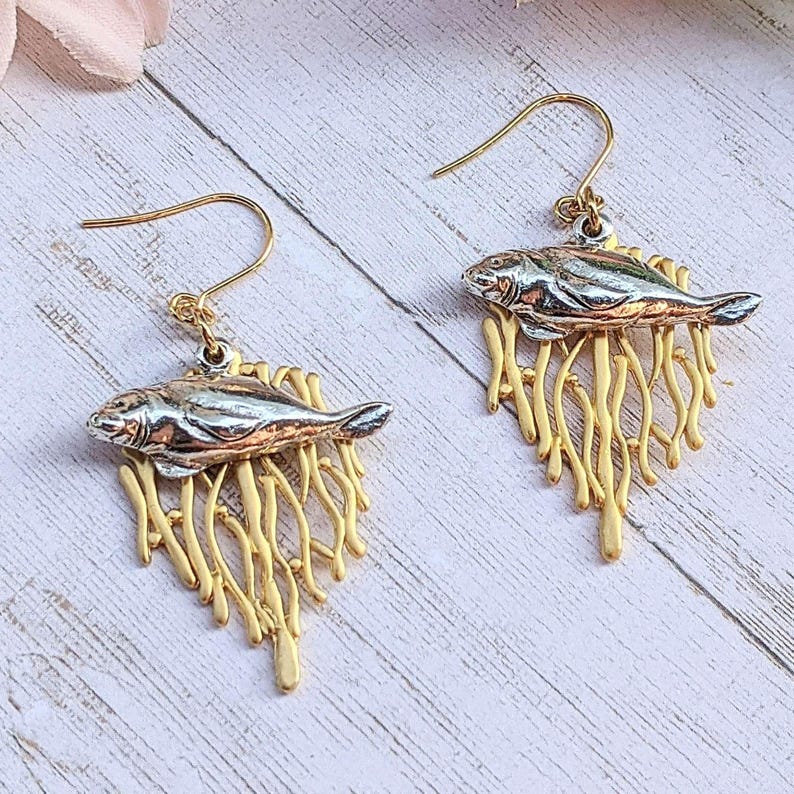 Silver Manatee Gold Seaweed Forest earrings - - LadybugfeetDesigns -