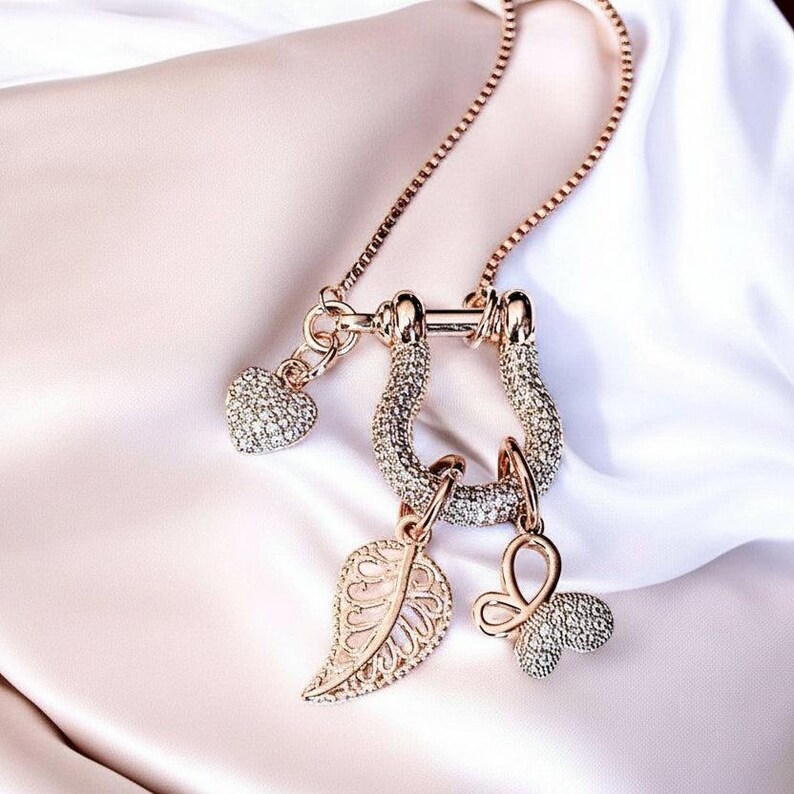 Leaf Butterfly Shackle Clasp Carabiner Charm Necklace, Rose-Gold - Adjustable up to 24 inches - - LadybugfeetDesigns -