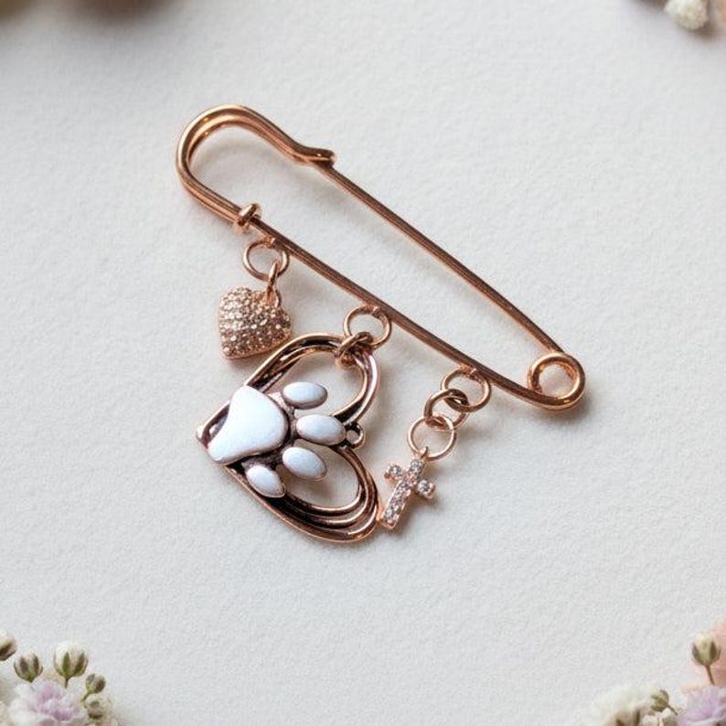 Rustic Paw Print Heart Safety Pin Brooch, Purse Charm, Rose Gold - - LadybugfeetDesigns -