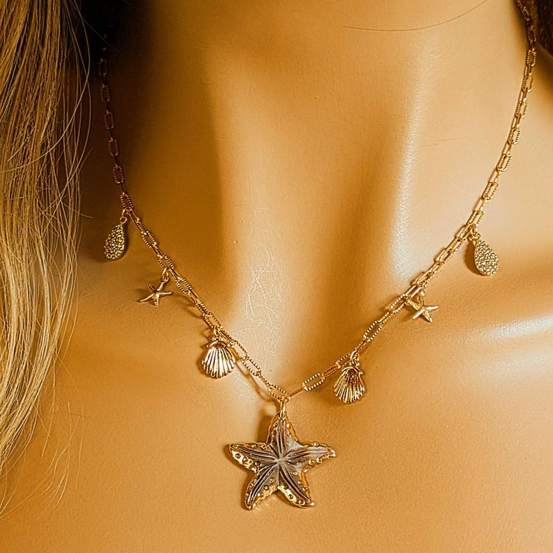 Beach Vibes Multi Charm Link Necklace, Gold- 20 inch - - LadybugfeetDesigns -