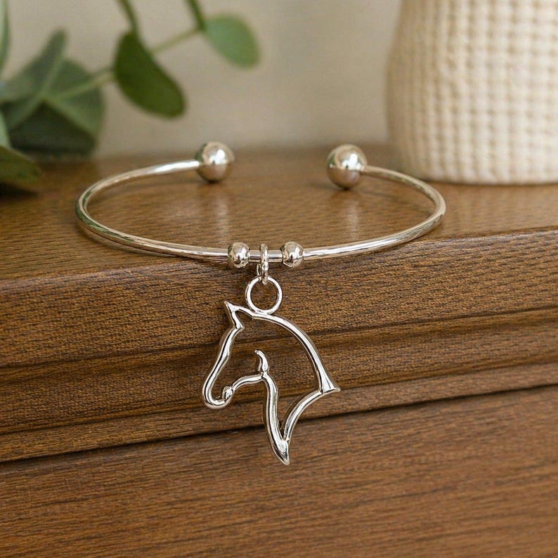 Horse Euro Bangle Cuff, Silver - - LadybugfeetDesigns -