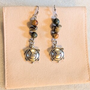 Turtle Red Creek Jasper Hook Earrings, Silver - - LadybugfeetDesigns -