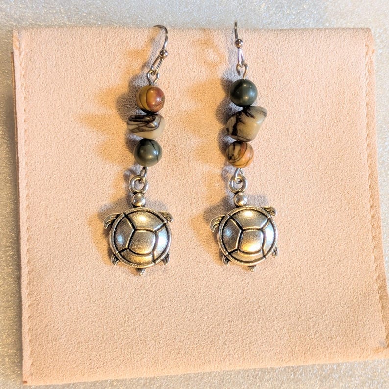 Turtle Red Creek Jasper Hook Earrings, Silver - - LadybugfeetDesigns -