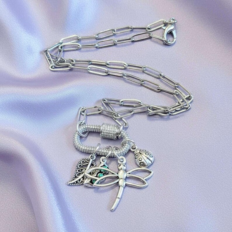 Large Dragonfly, Garden Friends Carabiner Necklace, Silver - Adjusts up to 20 inches - - LadybugfeetDesigns -