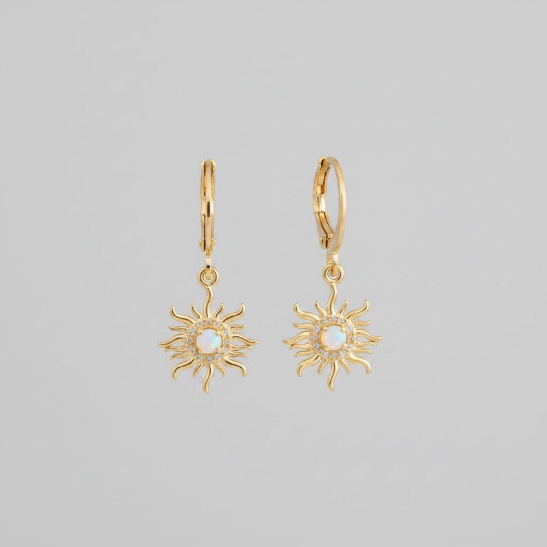 Opal Sun Leverback Hoop Earrings, Gold - - LadybugfeetDesigns -