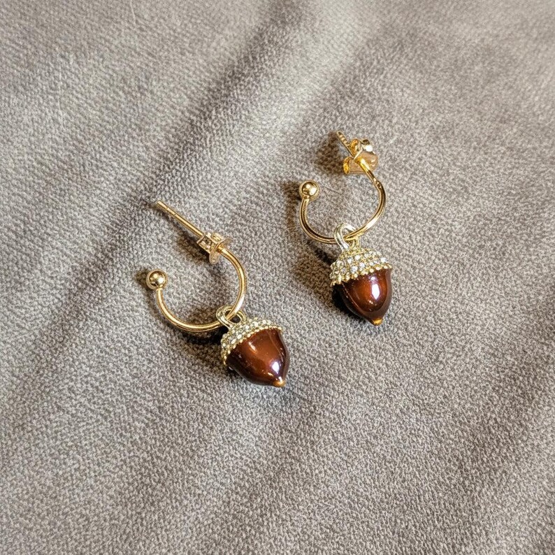 Acorn Hoop Earrings, Gold - 12mm - - LadybugfeetDesigns -