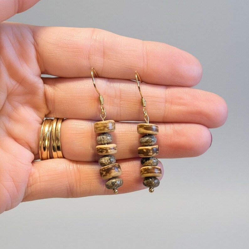 Leopard Skin Jasper Beaded Hook Earrings, Gold - - LadybugfeetDesigns -