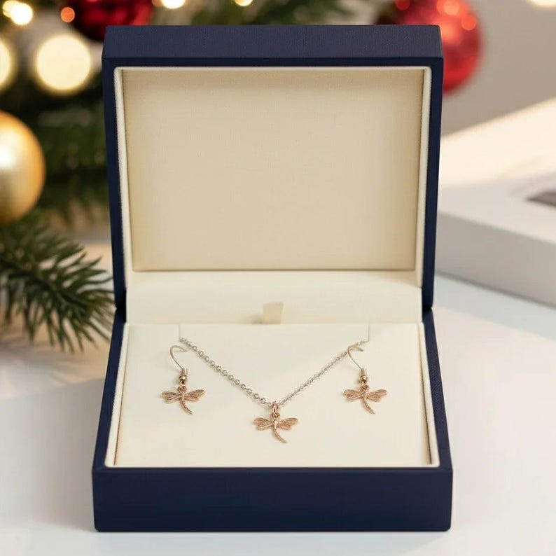 Dragonfly Rose Gold necklace/earrings set, 18 inch - - LadybugfeetDesigns -