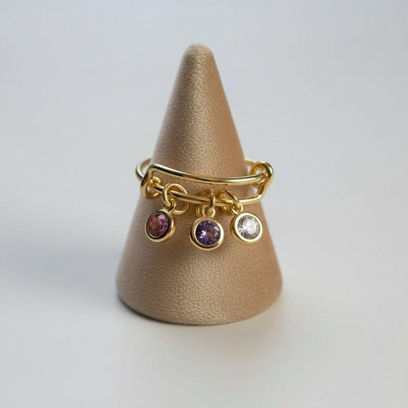 Mother's Birthstone Charm Ring, Adjustable, 14k Gold-Filled - - LadybugfeetDesigns -
