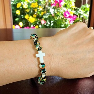 Black Orange Blue Beaded Cross Stretch bracelet - - LadybugfeetDesigns -