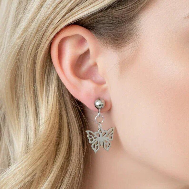 Butterfly Charm Drop Stud Earrings-Silver - - LadybugfeetDesigns -