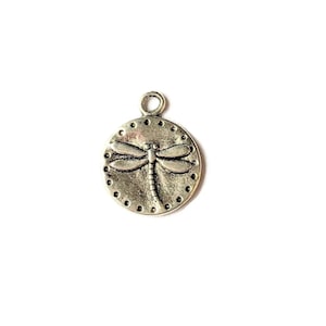 Silver Dragonfly Disc Charm - - LadybugfeetDesigns -