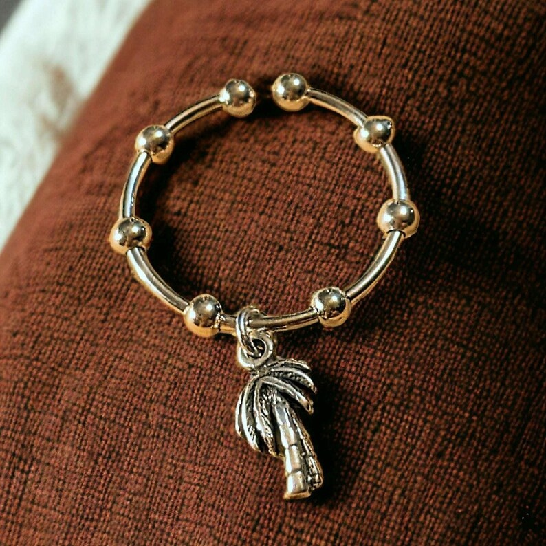 Sterling Silver Palm Tree Adjustable Charm Ring - - LadybugfeetDesigns -