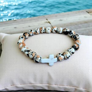 Orange Black Ivory Beaded Cross Stretch bracelet - - LadybugfeetDesigns -