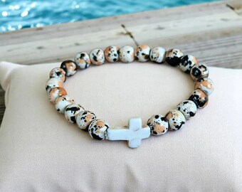 Orange Black Ivory Beaded Cross Stretch bracelet