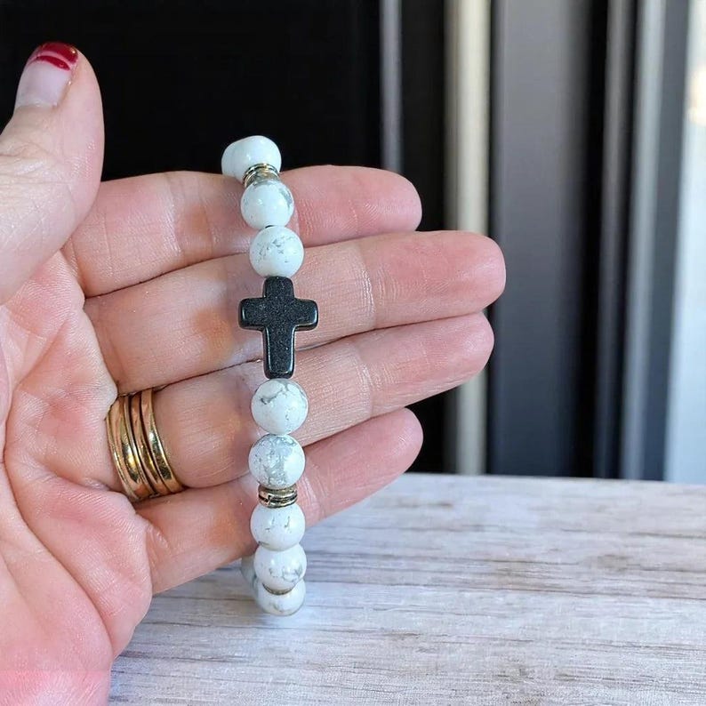 White Gray Beaded Cross Stretch Bracelet-UNISEX - - LadybugfeetDesigns -