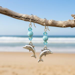 Dolphin Larimar Beaded Hook Earrings, Silver - - LadybugfeetDesigns -
