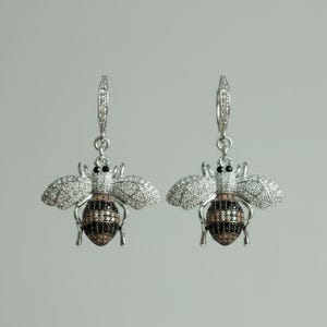 Rhinestone Honey Bee Sterling Silver Earrings - - LadybugfeetDesigns -