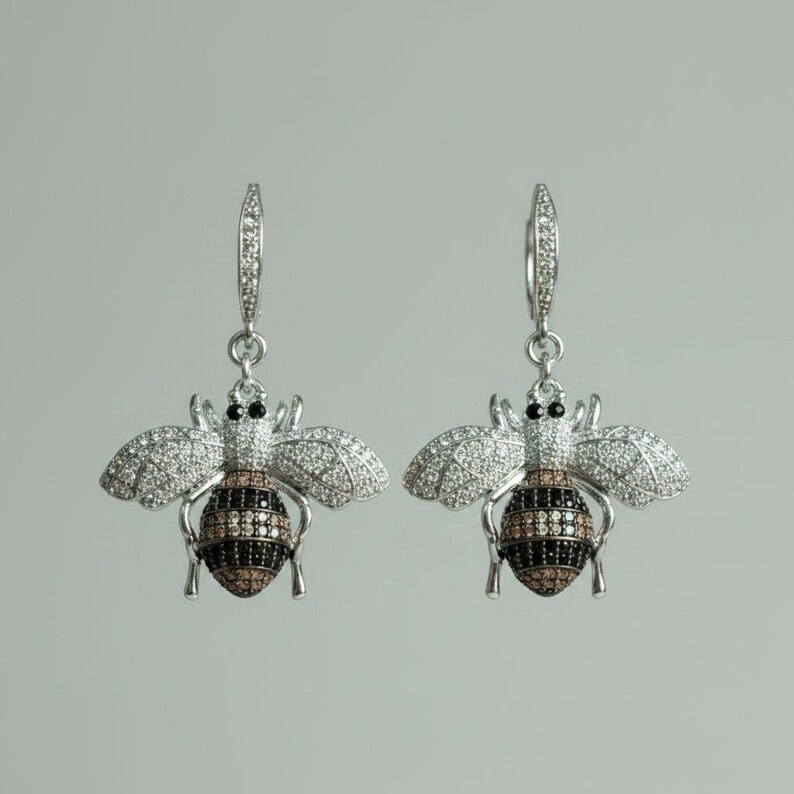 Rhinestone Honey Bee Sterling Silver Earrings - - LadybugfeetDesigns -