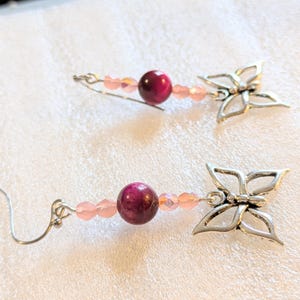 Pink Tiger's Eye Beaded Butterfly Earrings - - LadybugfeetDesigns -