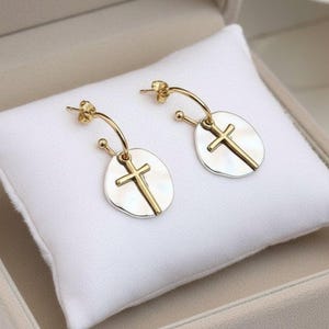Cross Two-Tone Hoop Earrings, Gold - 16mm