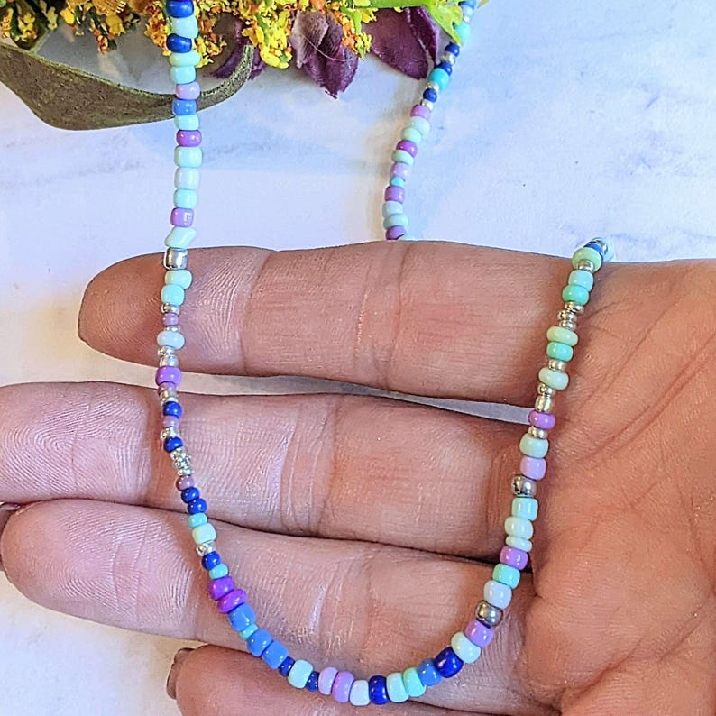 Purple Teal Beaded Choker Necklace - 16 inch - - LadybugfeetDesigns -