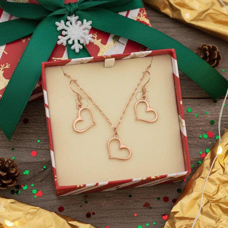 Open Heart necklace and earring set, Rose-Gold - 18 inch - - LadybugfeetDesigns -