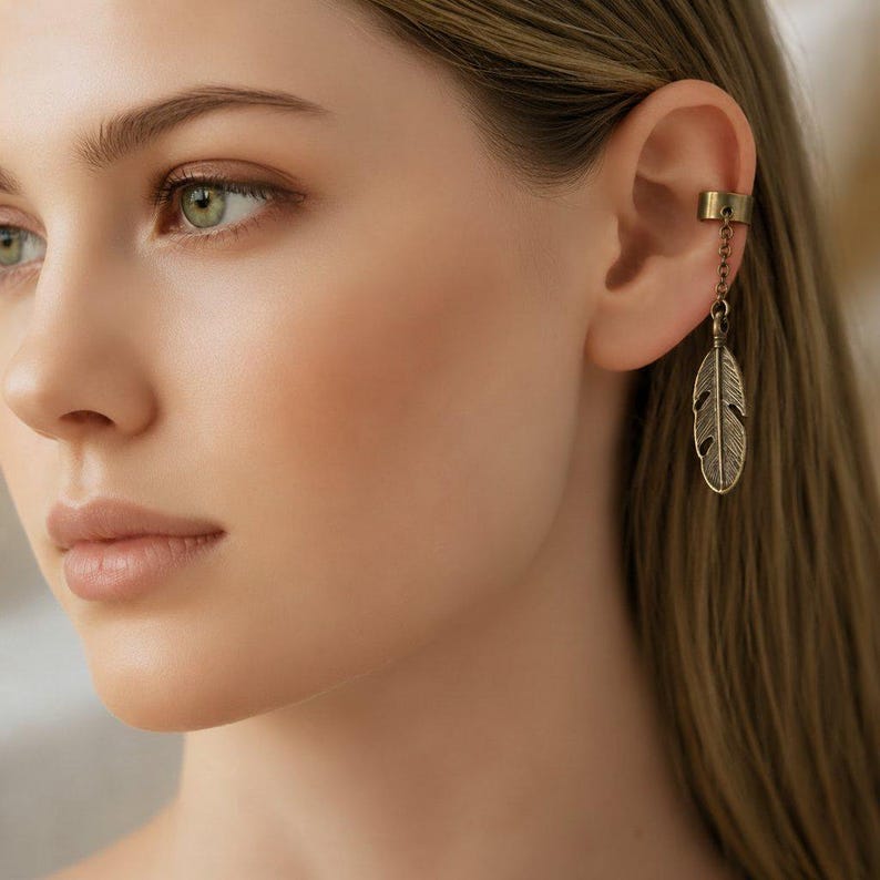 Feather Ear Cuff, Antique Bronze - - LadybugfeetDesigns -