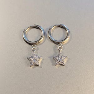 Sparkly CZ Star Hoop earrings, Silver - 10mm - - LadybugfeetDesigns -