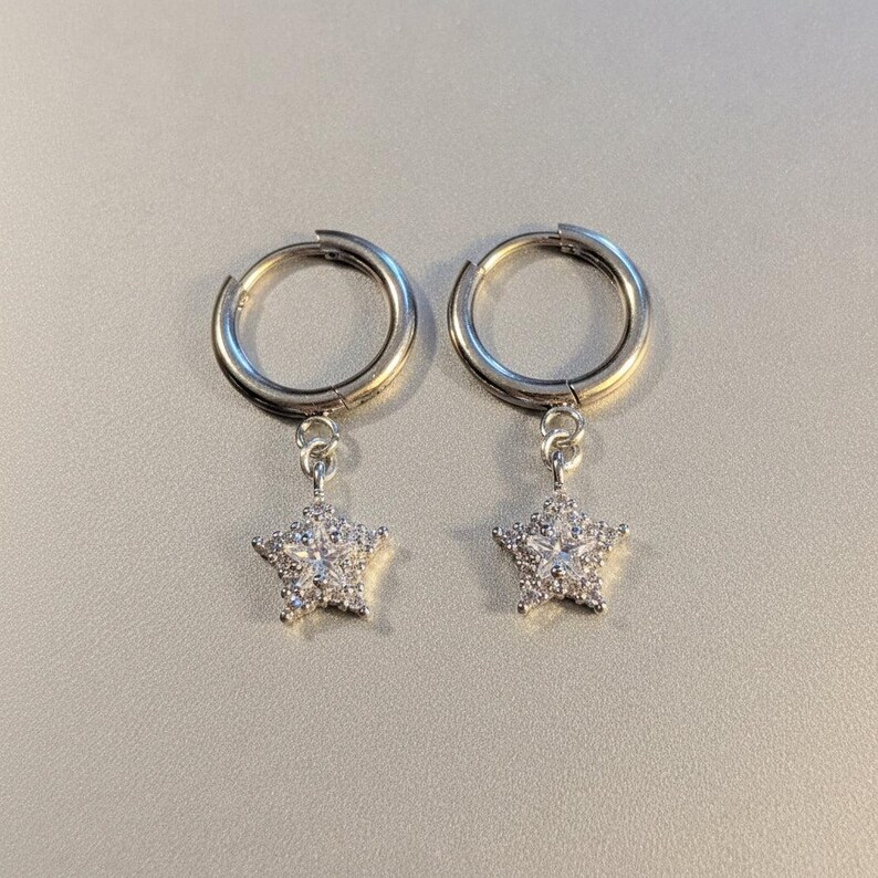 Sparkly CZ Star Hoop earrings, Silver - 10mm - - LadybugfeetDesigns -