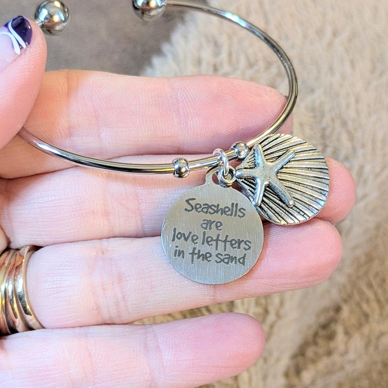Seashells are Love Letters Euro Bangle Cuff, Silver - - LadybugfeetDesigns -