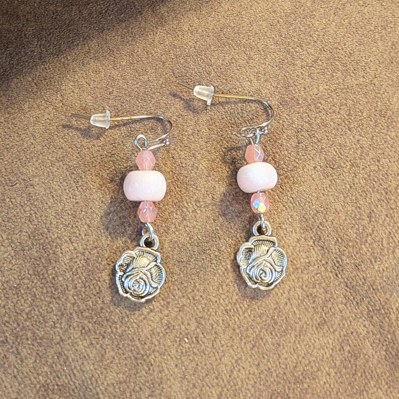 Rose Opal Crystal Hook Earrings, Silver - - LadybugfeetDesigns -