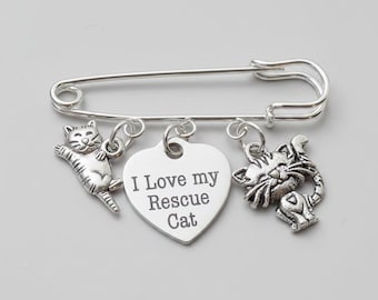 I Love My Rescue Cat Safety Pin Brooch, Purse Charm