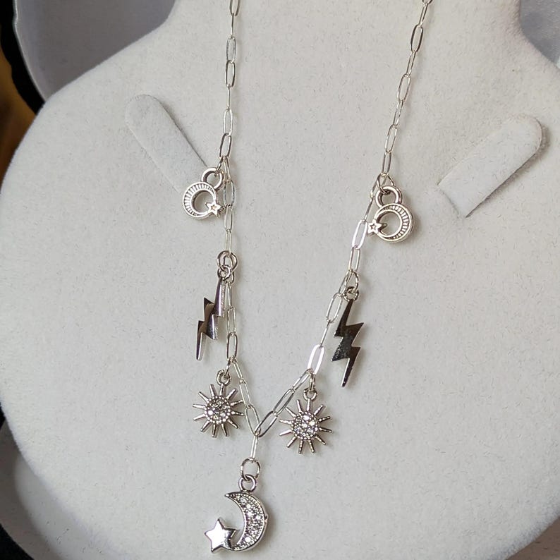 Celestial Multi Charm Link Necklace, .925 Sterling Silver - 20 inch - - LadybugfeetDesigns -