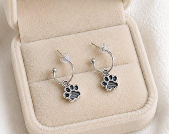 Dog/Cat Paw Mini Hoop Huggie Earrings, Silver- 12mm