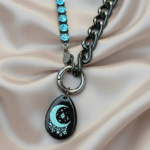 Black and Crystal Crescent Moon Snap Ring Necklace - 24 inch - - LadybugfeetDesigns -