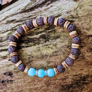 Turquoise Gemstone Lava Bead Stretch bracelet-December Birthstone - - LadybugfeetDesigns -