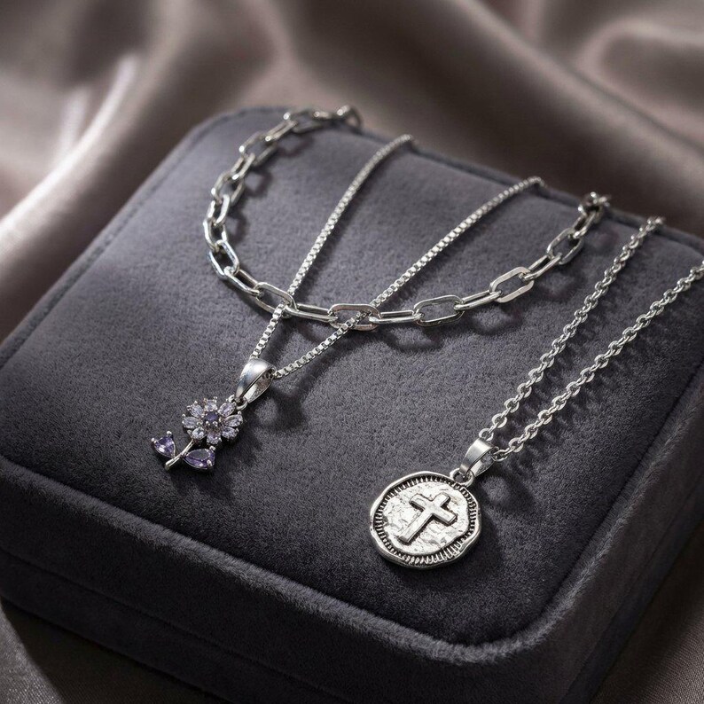 CZ Flower/Dragonfly Cross Layered Necklace Set, Silver - - LadybugfeetDesigns -