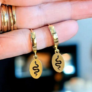 Gold Snake Hoop earrings, 16mm Hoop Drop - - LadybugfeetDesigns -